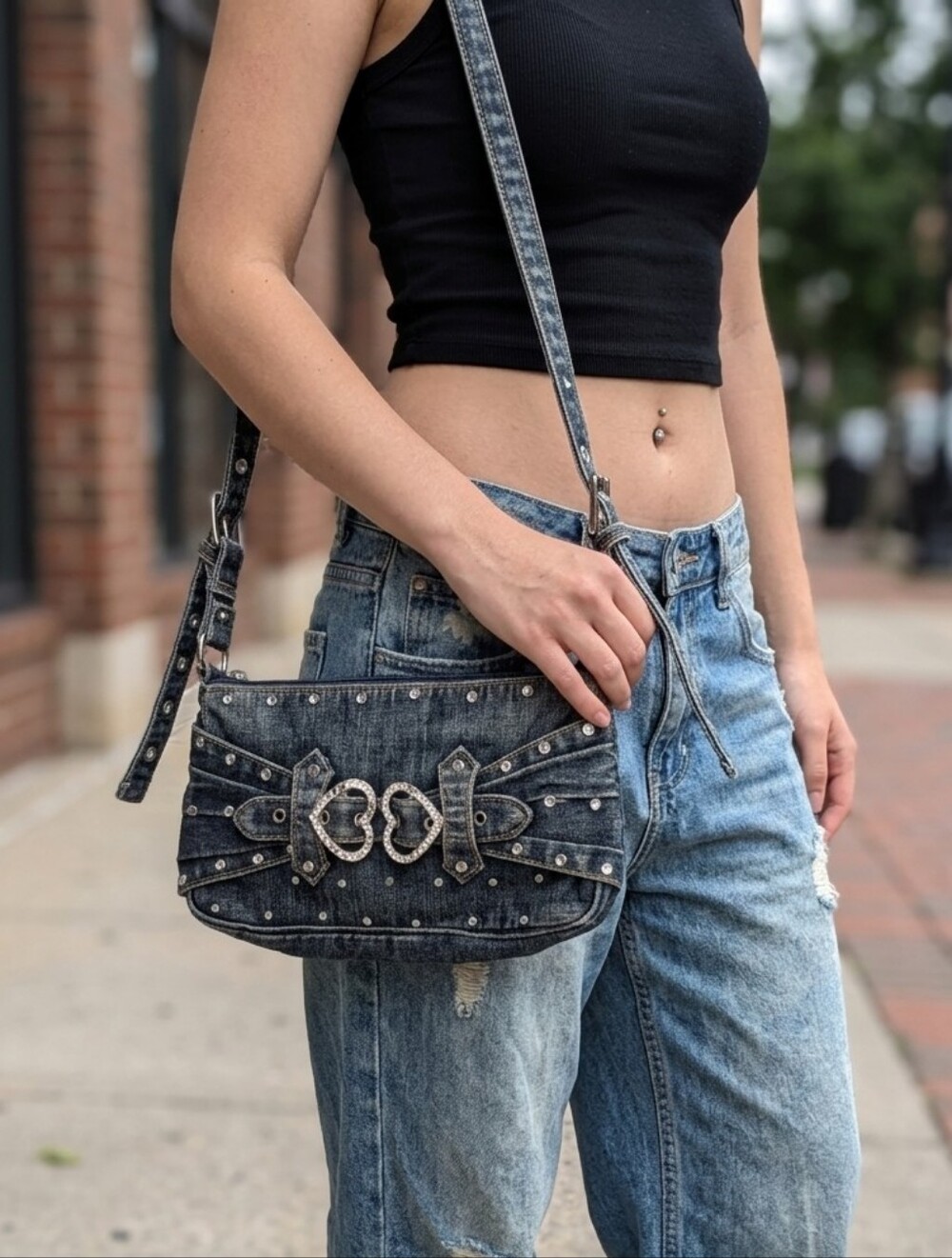 Vintage Y2K Blue Denim Studded Rhinestone Embellished Heart Clasp Shoulder Bag